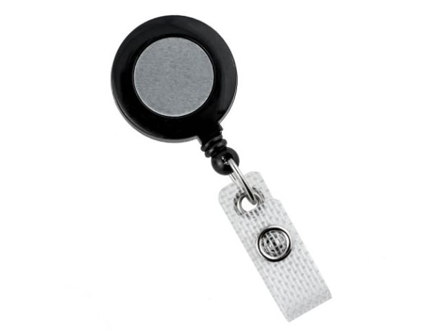 Black badge reel with silver sticker