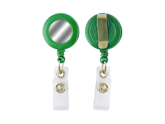 Green badge reel with silver sticker