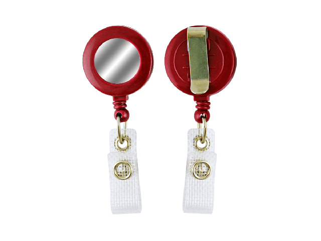 Red badge reel with silver sticker