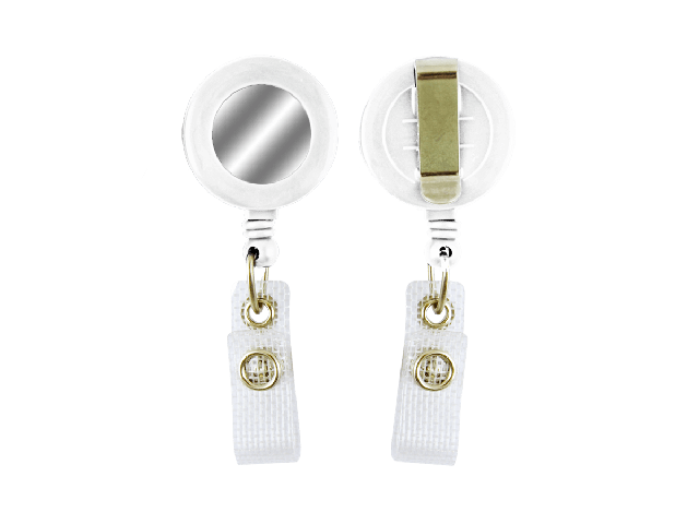 White badge reel with silver sticker