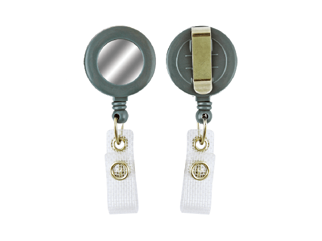 Grey badge reel with silver sticker