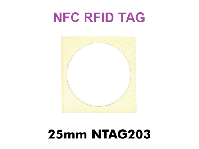 RFID NTAG 203 label, 25mm diameter white plastic