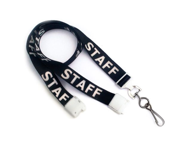 Flat black lanyard with metal hook "Staff" (100 Pcs)