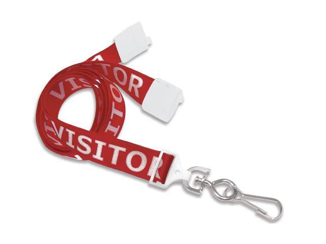 Flat red lanyard with metal hook - Visitor (100 Pcs)